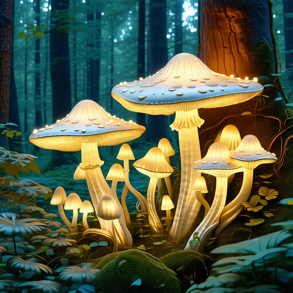 Forest with a group of mushrooms growing on the ground