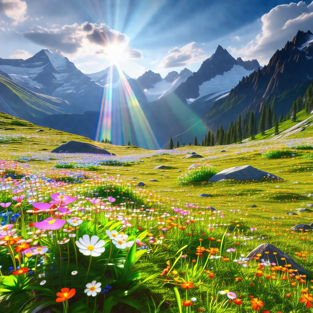 Beautiful, lush green field with a mountain range in the ...
