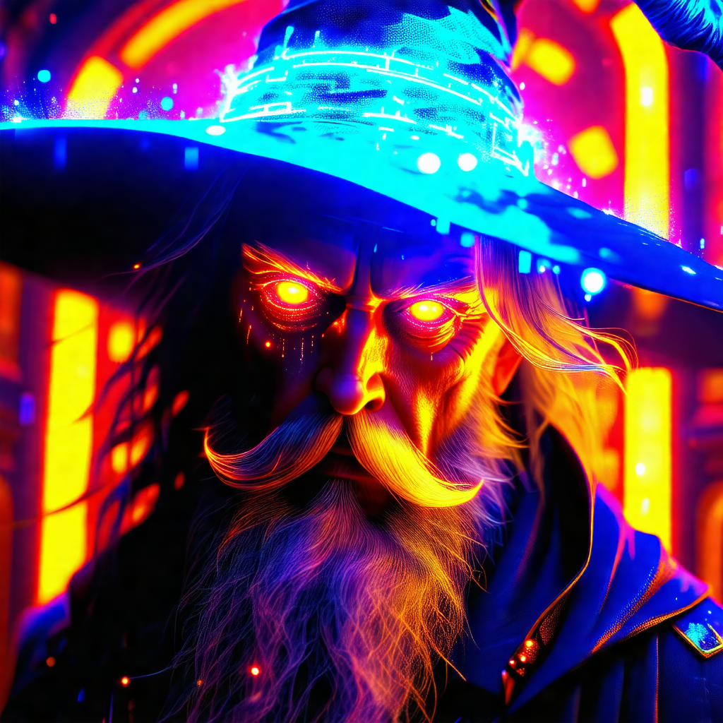 Man with a beard and mustache, wearing a wizard's hat and...