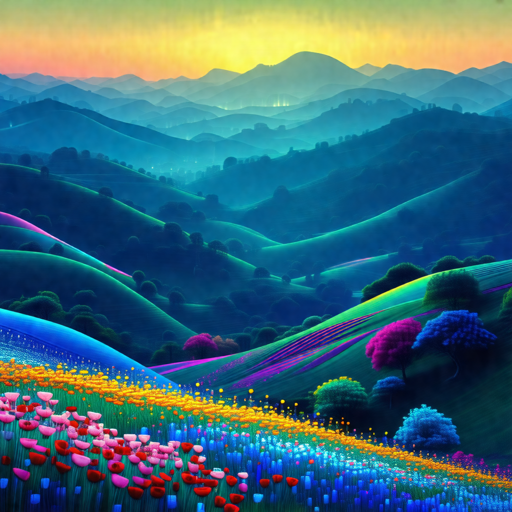 Vibrant and colorful painting of a mountainous landscape