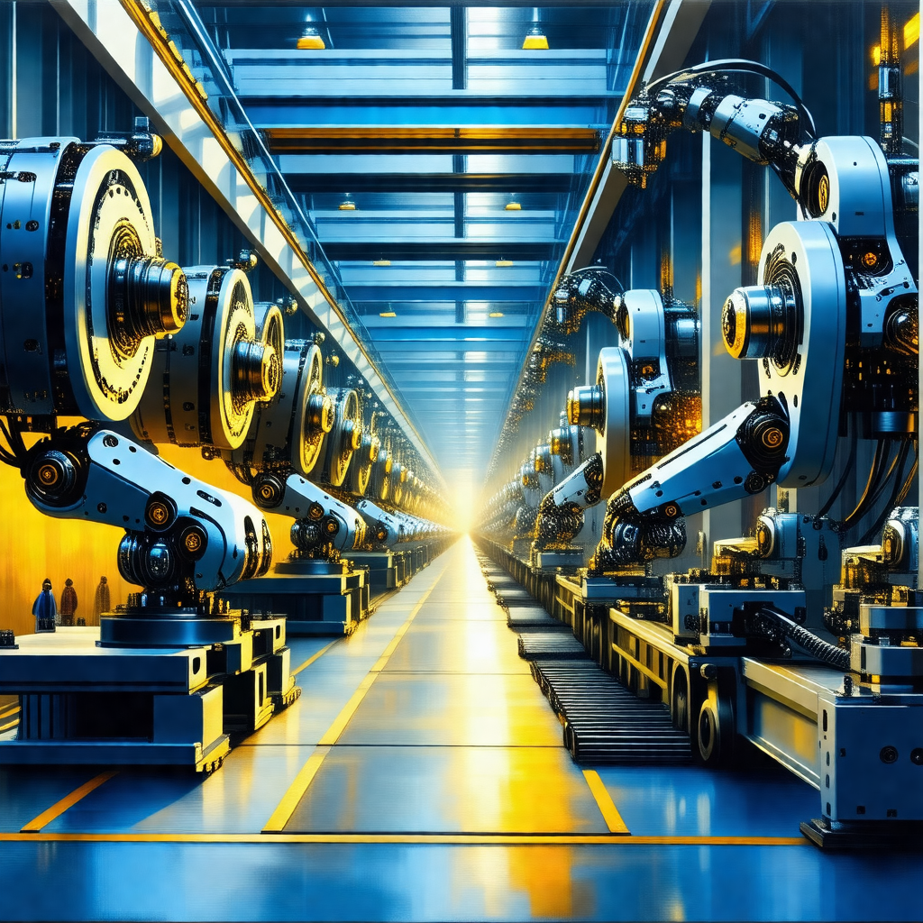 Factory floor with a long row of robots lined up, working...