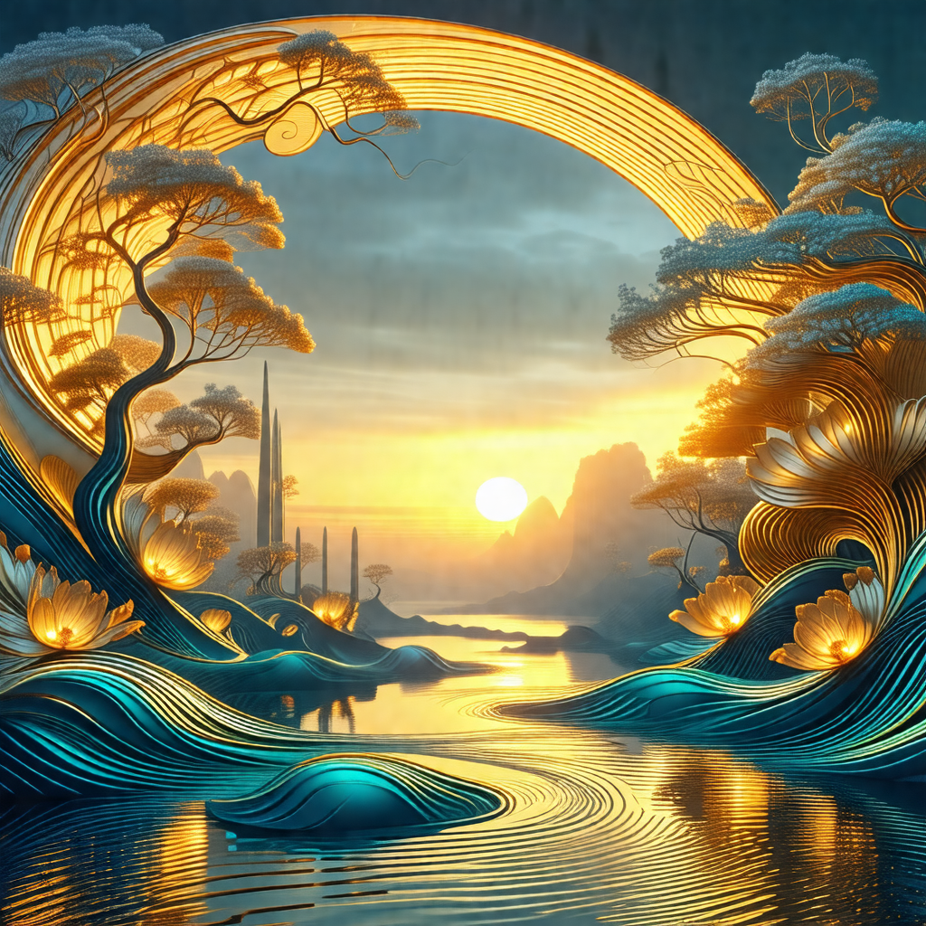 Beautifully painted scene of a forest with a river flowin...