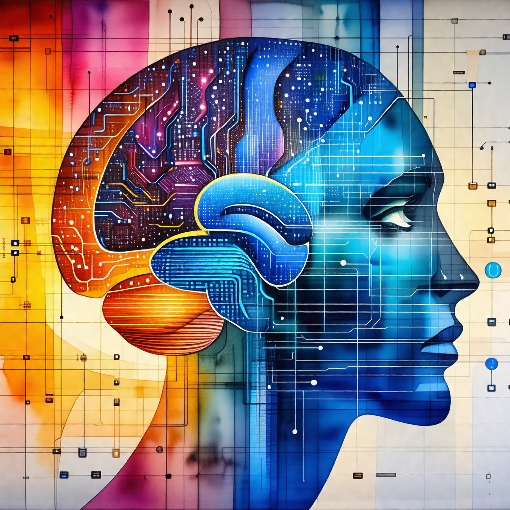 Painting of a human head, with a focus on the brain