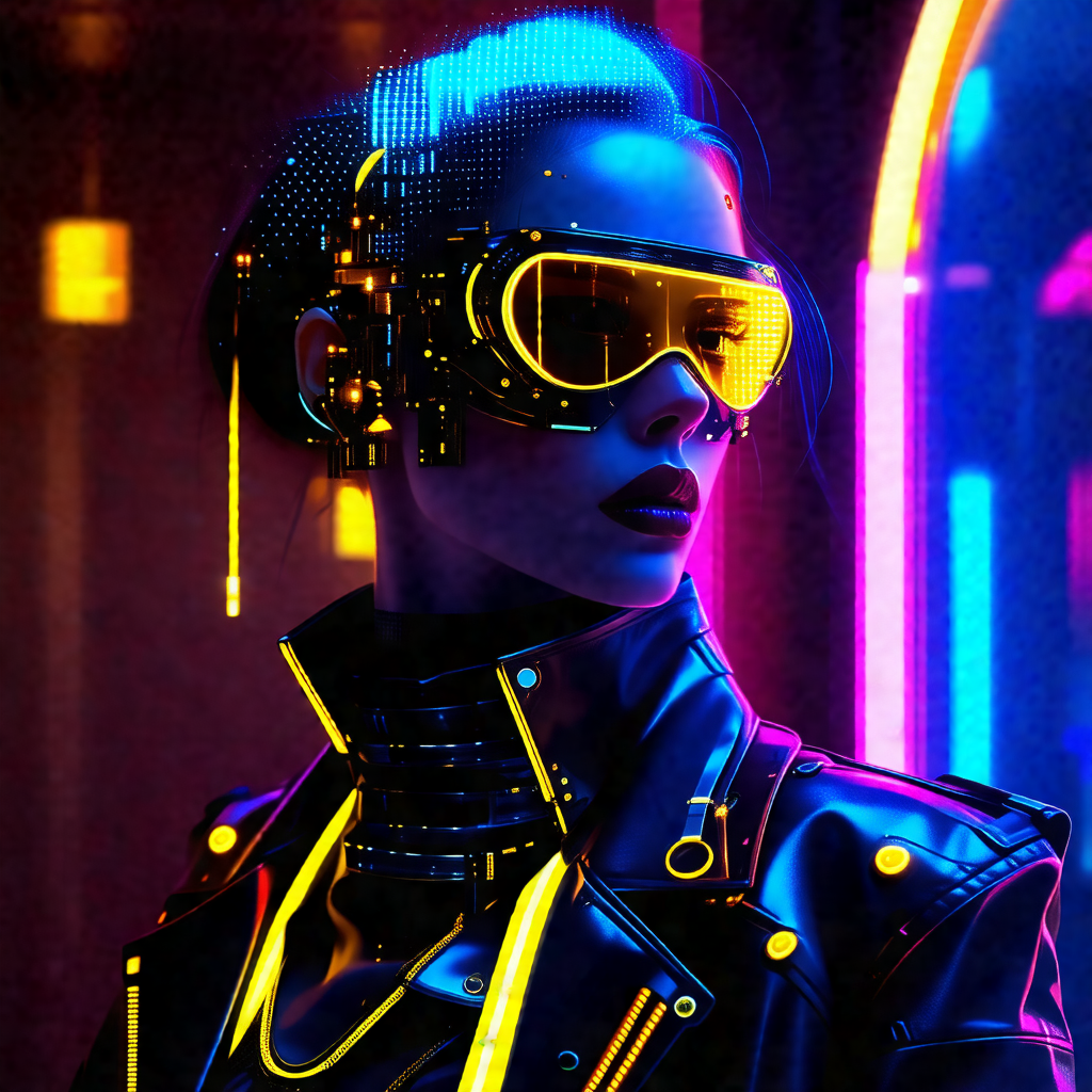 Woman wearing a futuristic outfit, including a black jack...