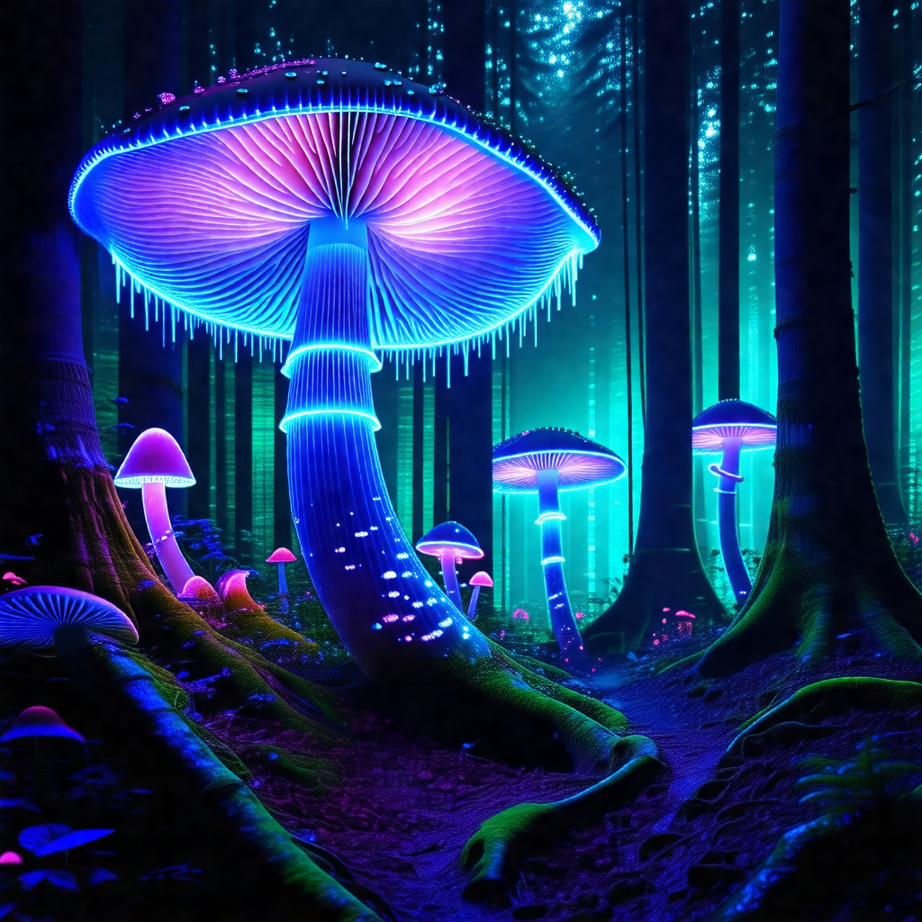 Forest with a group of glowing mushrooms scattered throug...