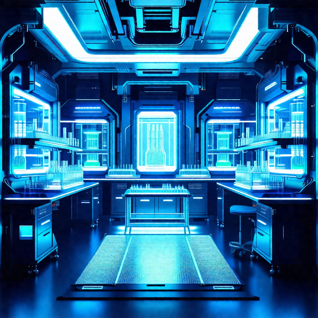 Futuristic laboratory with a blue glow, giving it a uniqu...