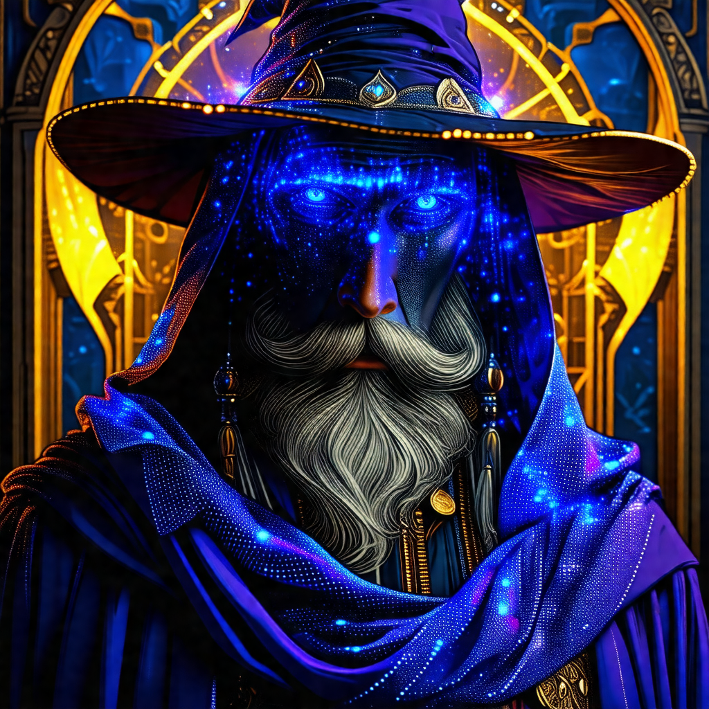 Man with a beard and a blue hat, wearing a blue robe