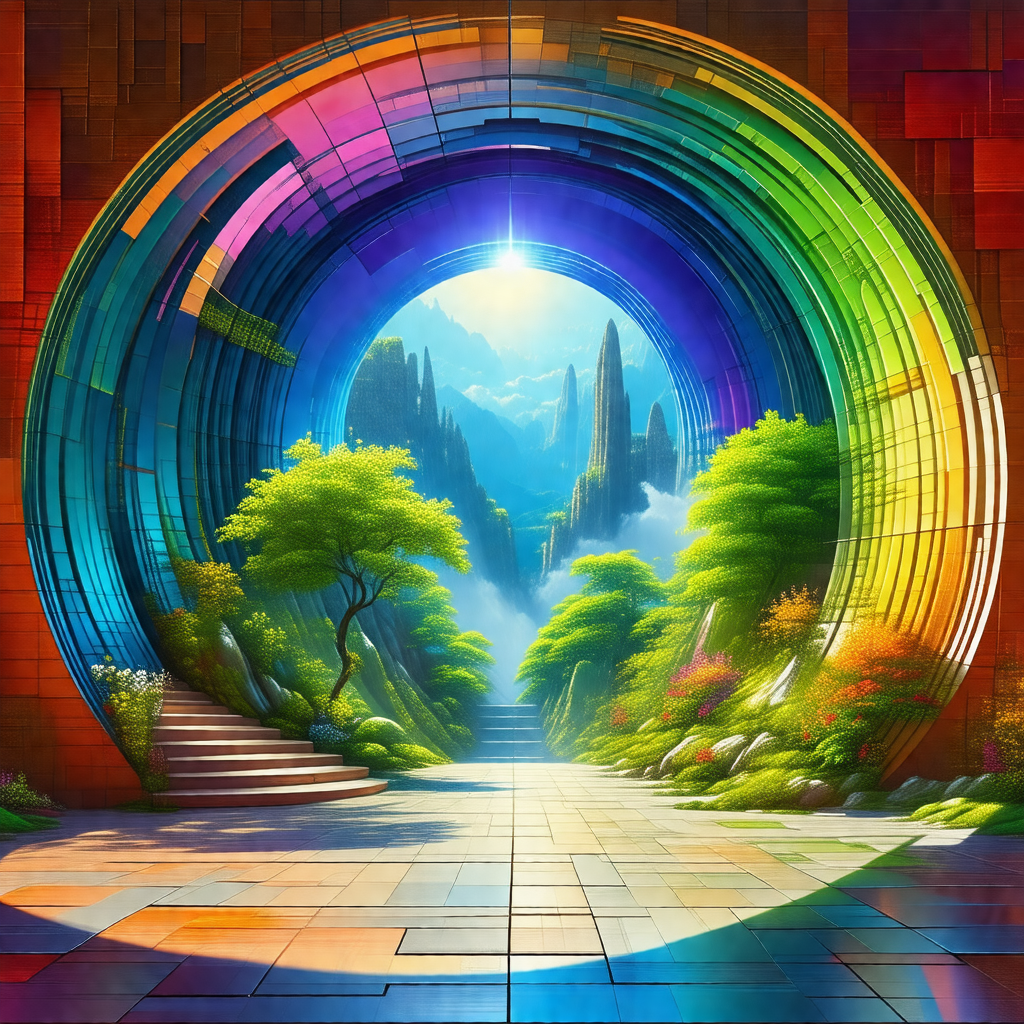 Painting of a mountainous landscape with a rainbow archwa...