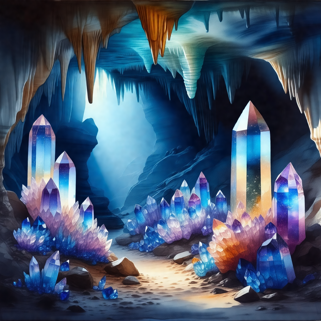 Colorful and detailed painting of a cave filled with crys...