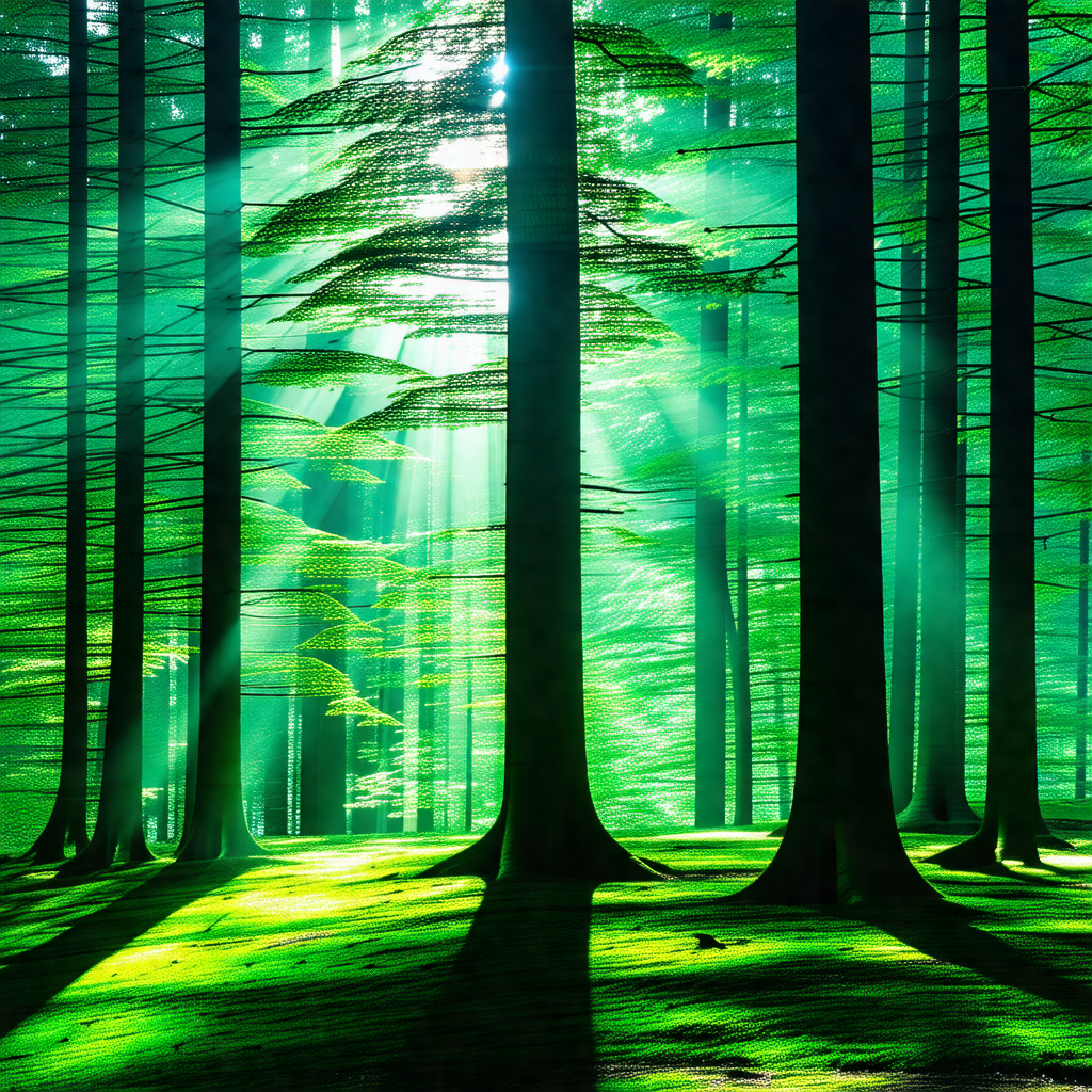 Lush green forest with a bright sun shining through the t...