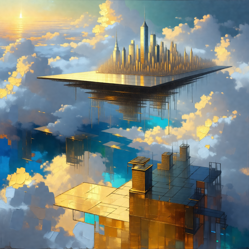 Painting of a cityscape with a large skyscraper in the ce...