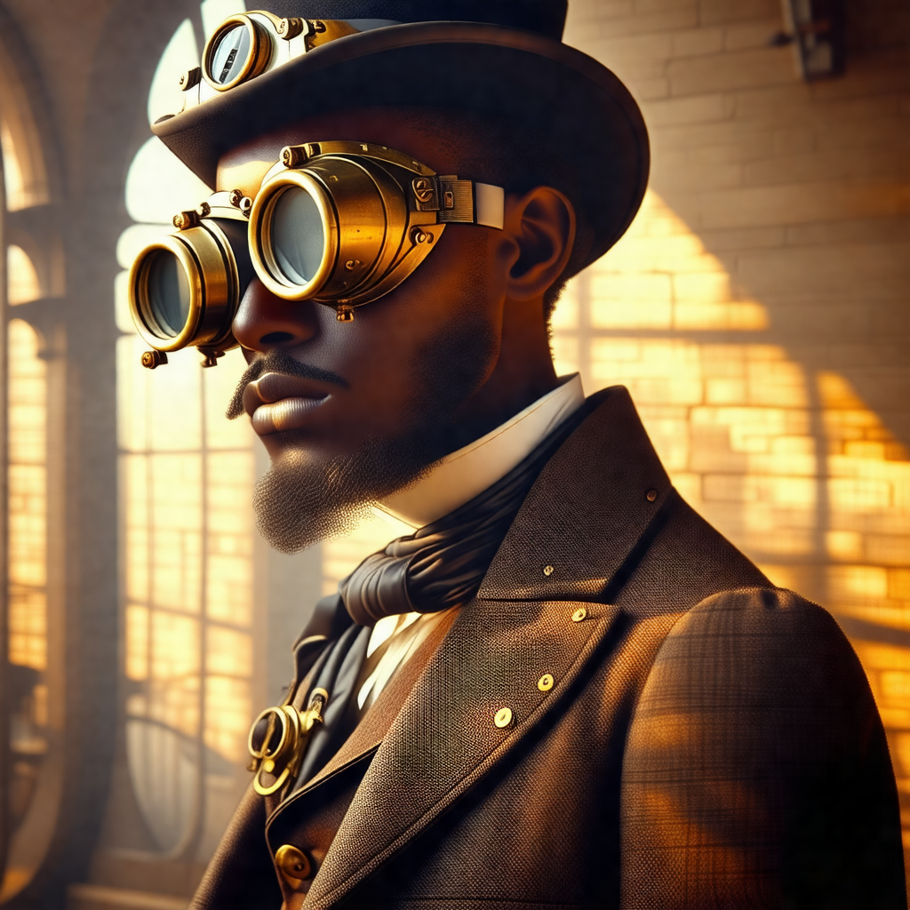 Man wearing a suit and a top hat, with a pair of goggles ...