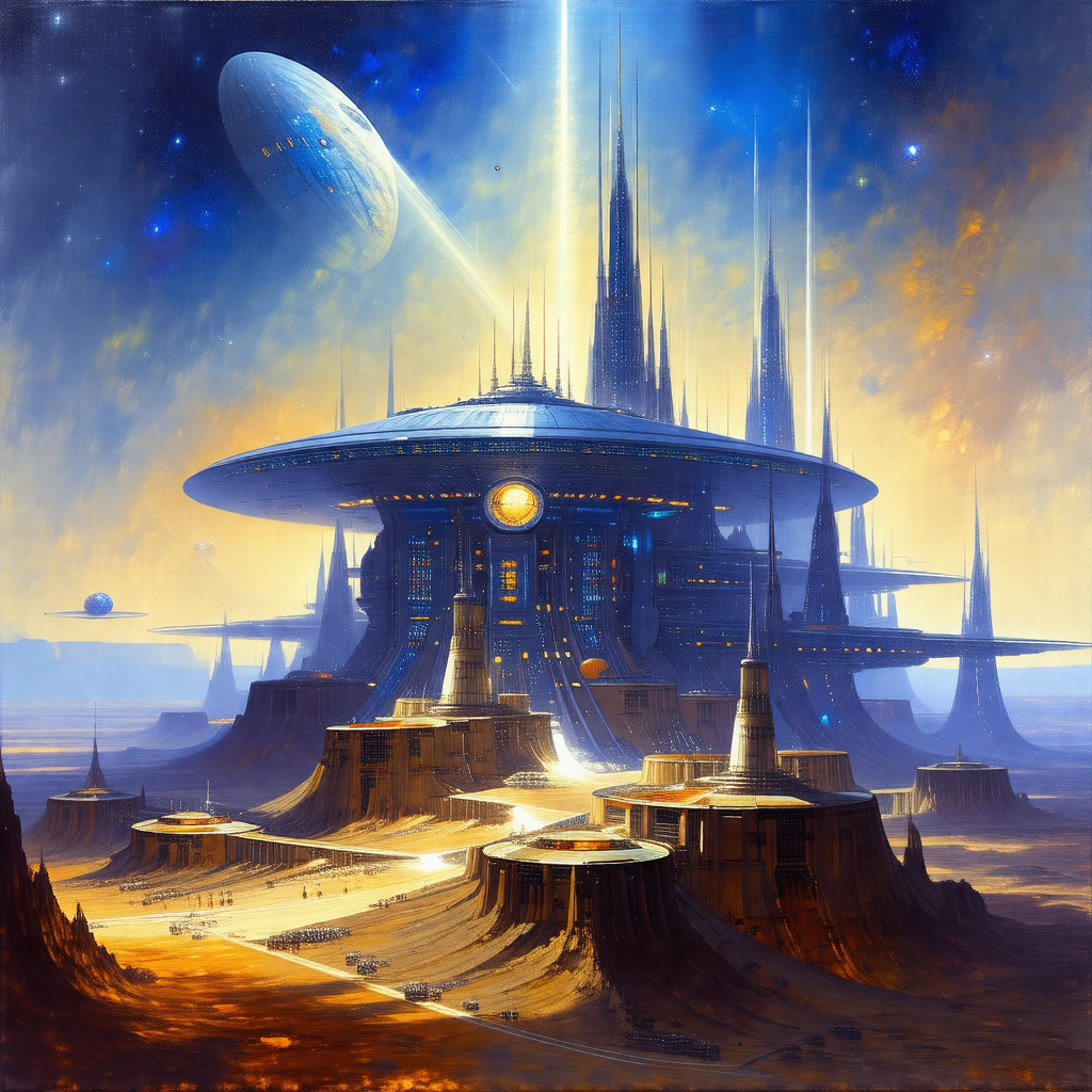 Futuristic city with a large, circular building in the ce...
