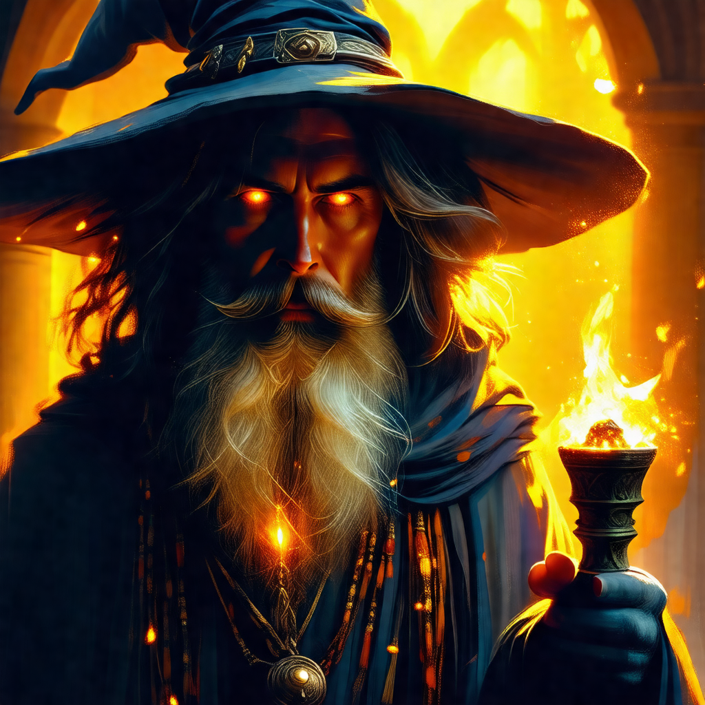Wizard with a long beard and a pointy hat, standing in fr...