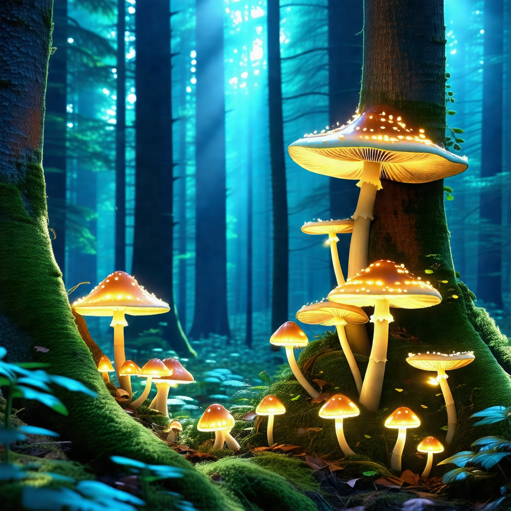 Forest with a group of mushrooms growing on the ground