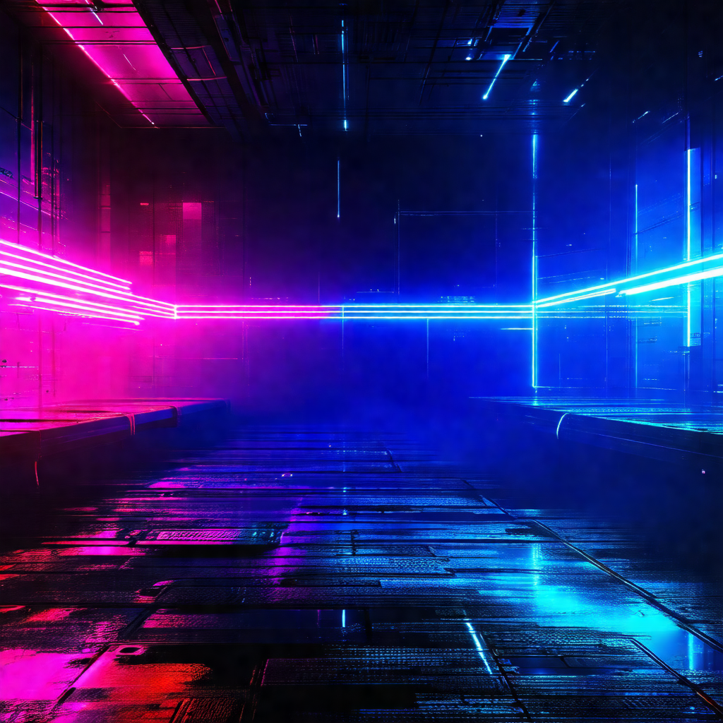 Futuristic scene with a long, narrow hallway filled with ...