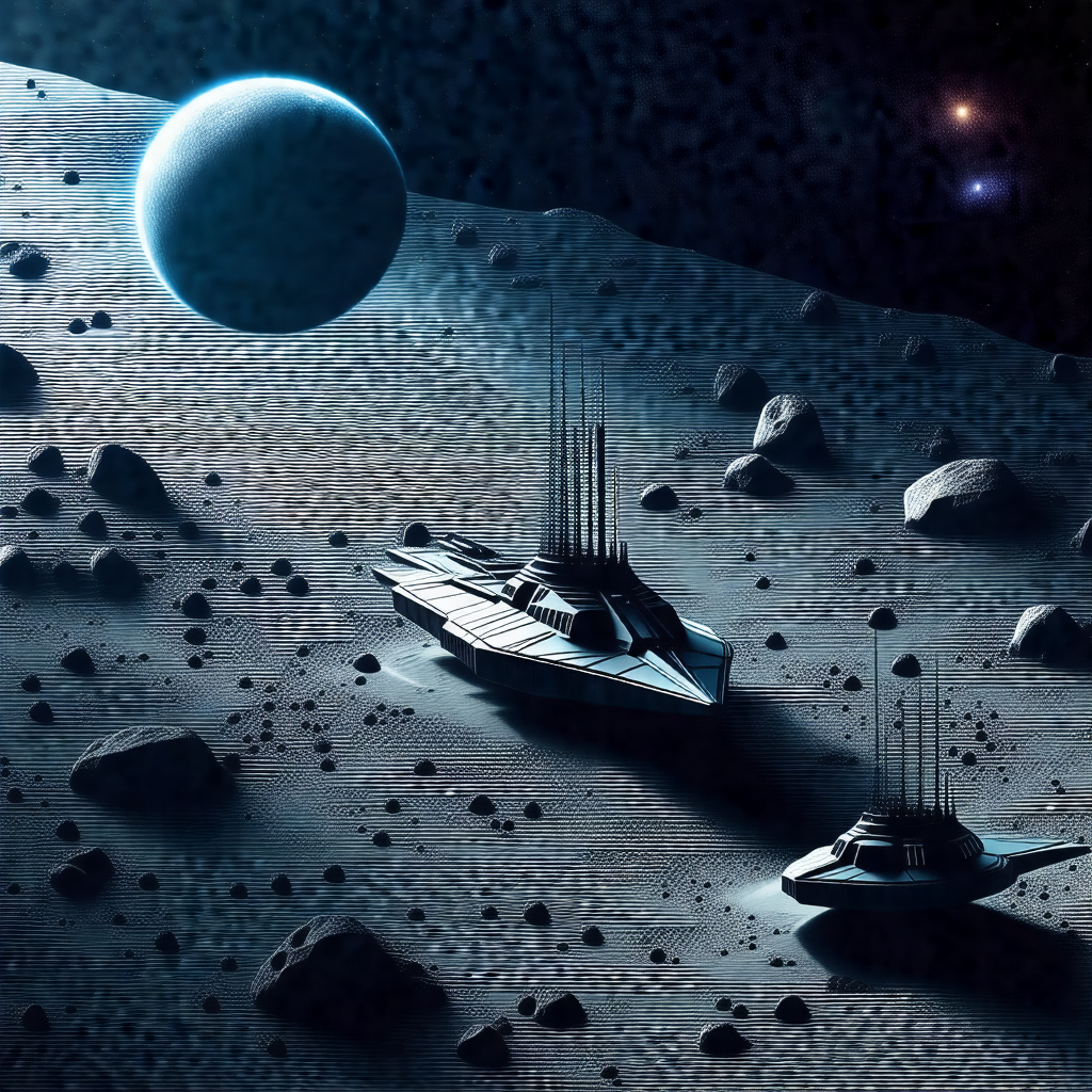 Futuristic space scene with two large, sleek spacecrafts ...