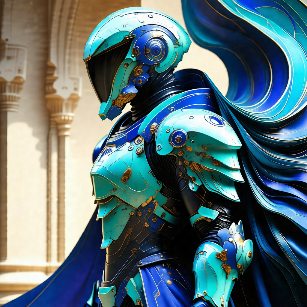 Man dressed in a futuristic blue and gold costume, standi...