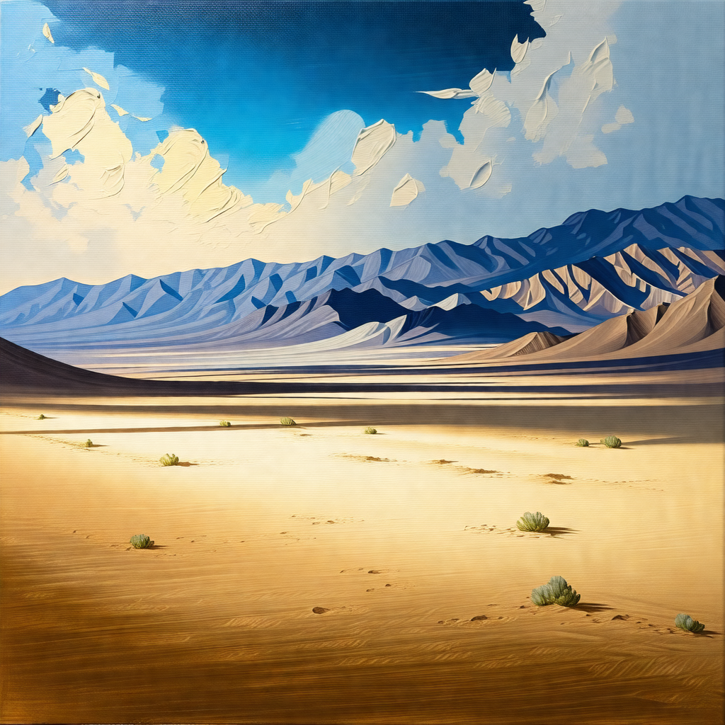Vast desert landscape with a mountain range in the backgr...