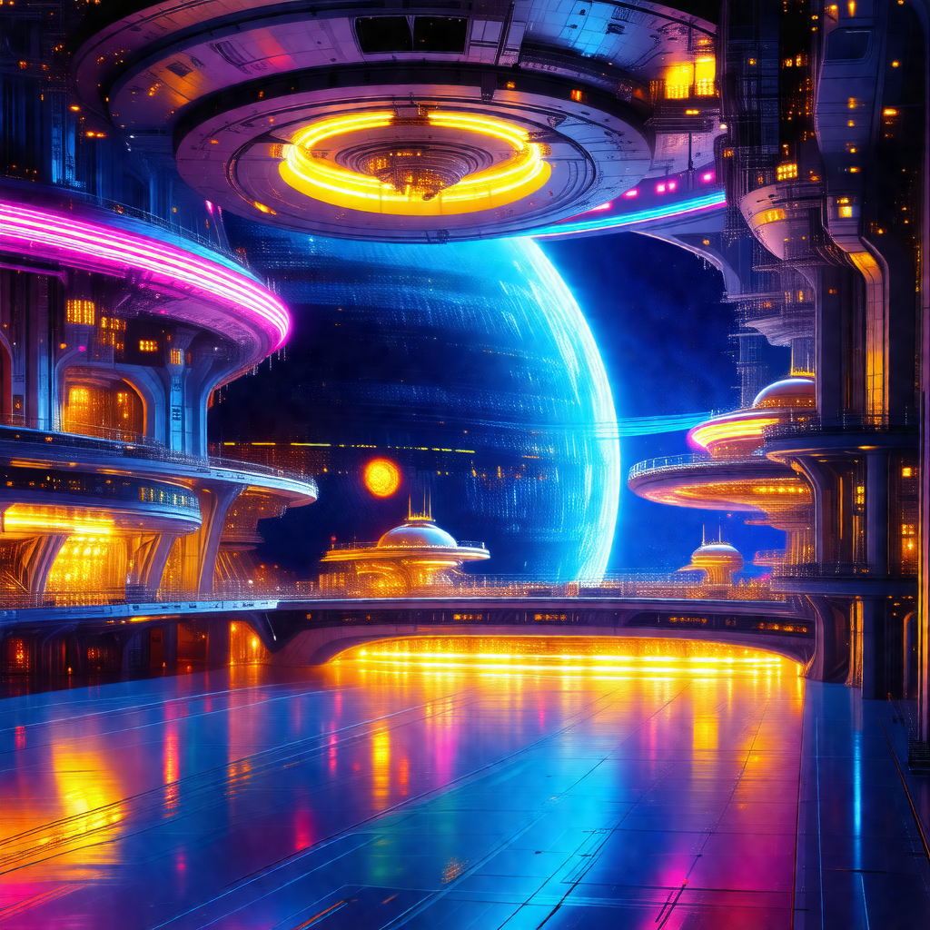 Futuristic cityscape with a large, colorful space station...