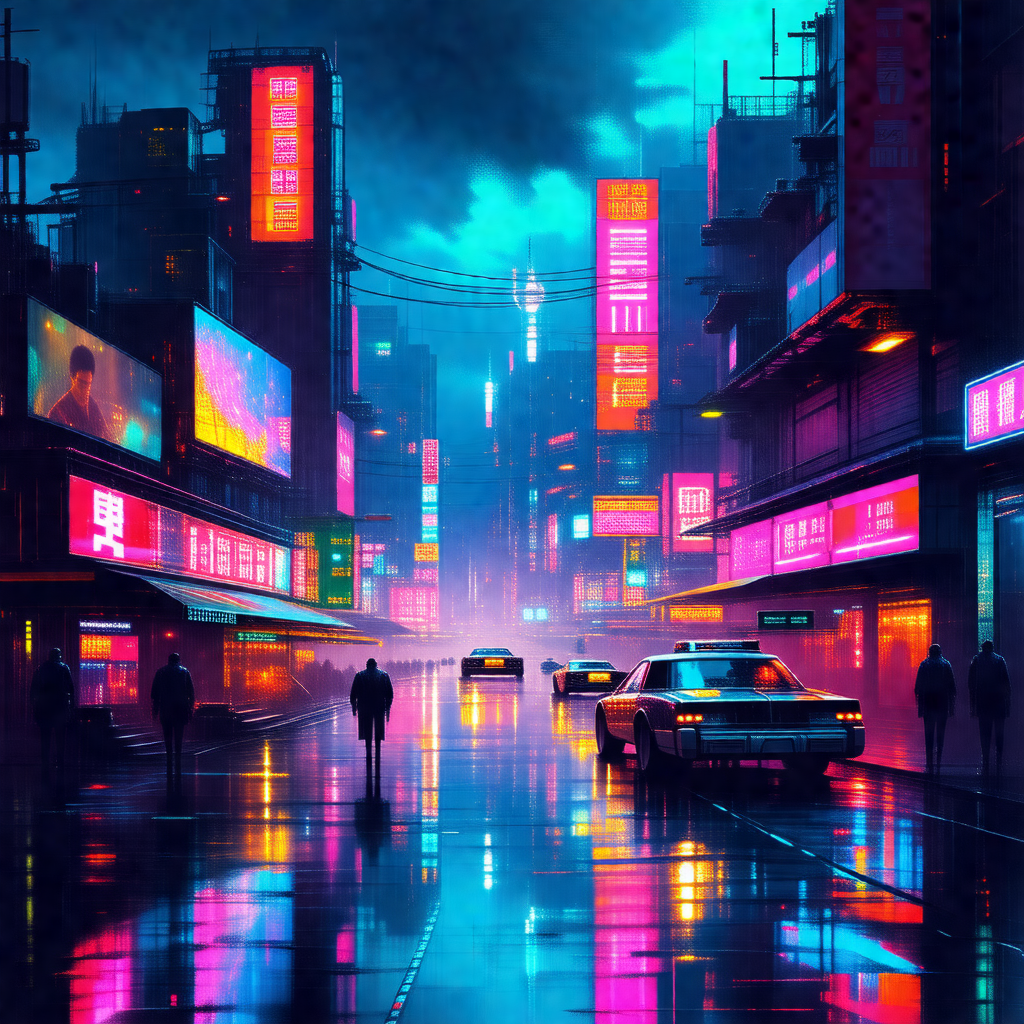 Rainy night in a city, with a man walking down a rain-soa...