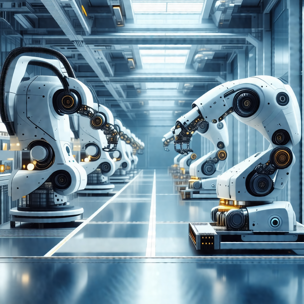 Factory with a large number of robots lined up in a row