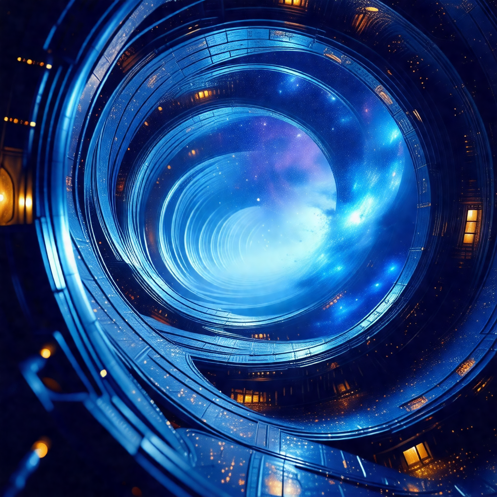 Large, blue, spiral-shaped structure that resembles a tun...