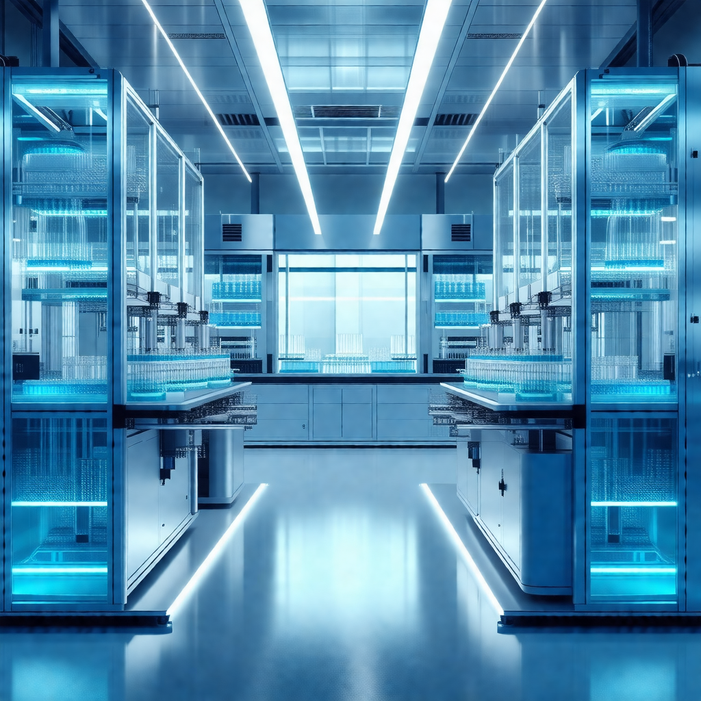 Clean and well-organized laboratory with a row of blue re...