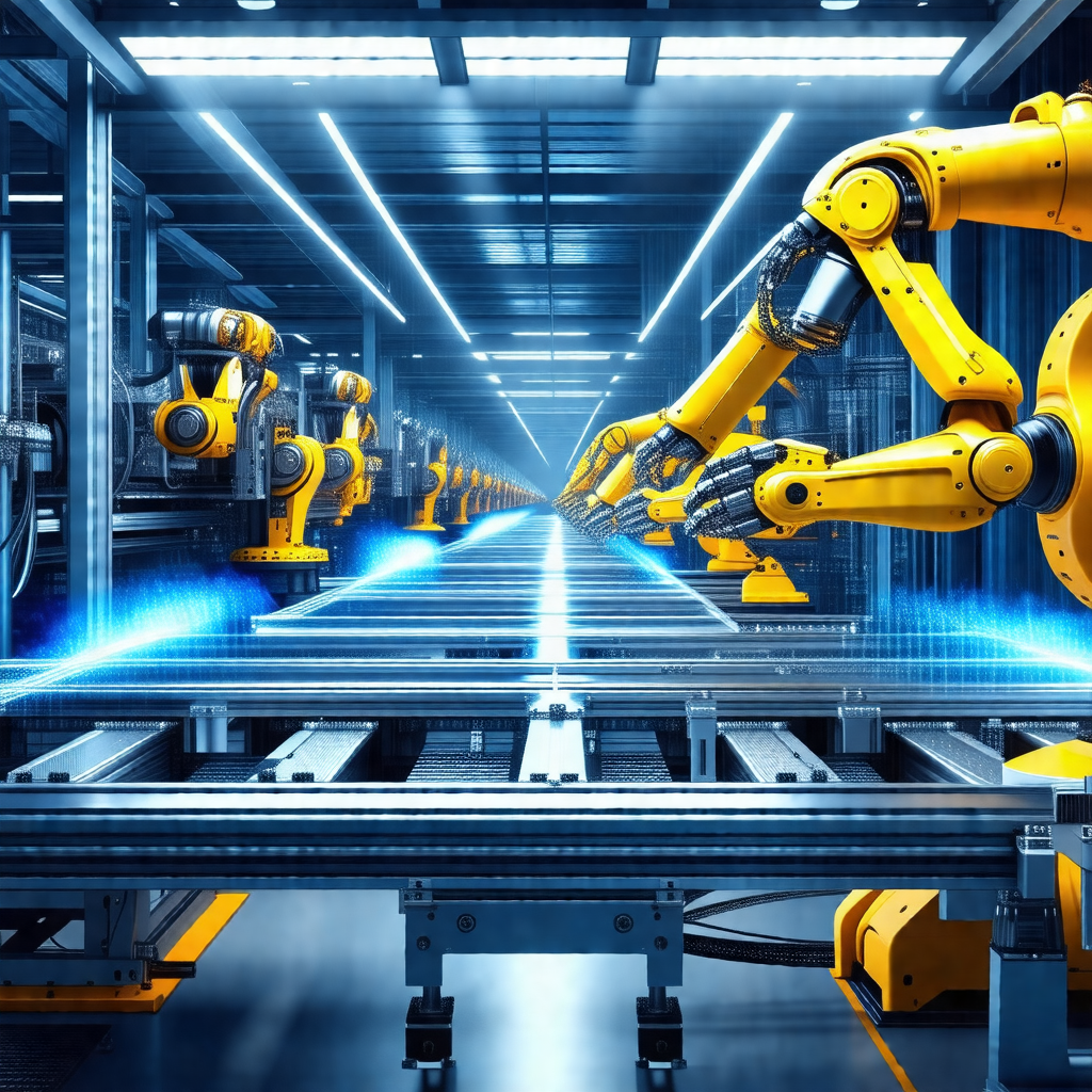 Factory with a long row of yellow robots lined up on a co...