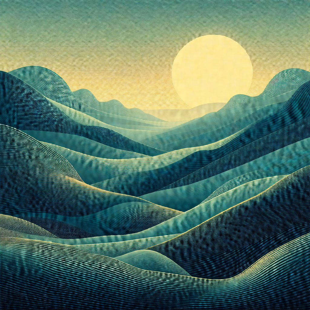 Painting of a beautiful mountain landscape at sunset