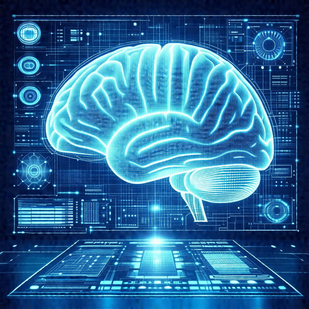 Blue and white computer-generated image of a human brain