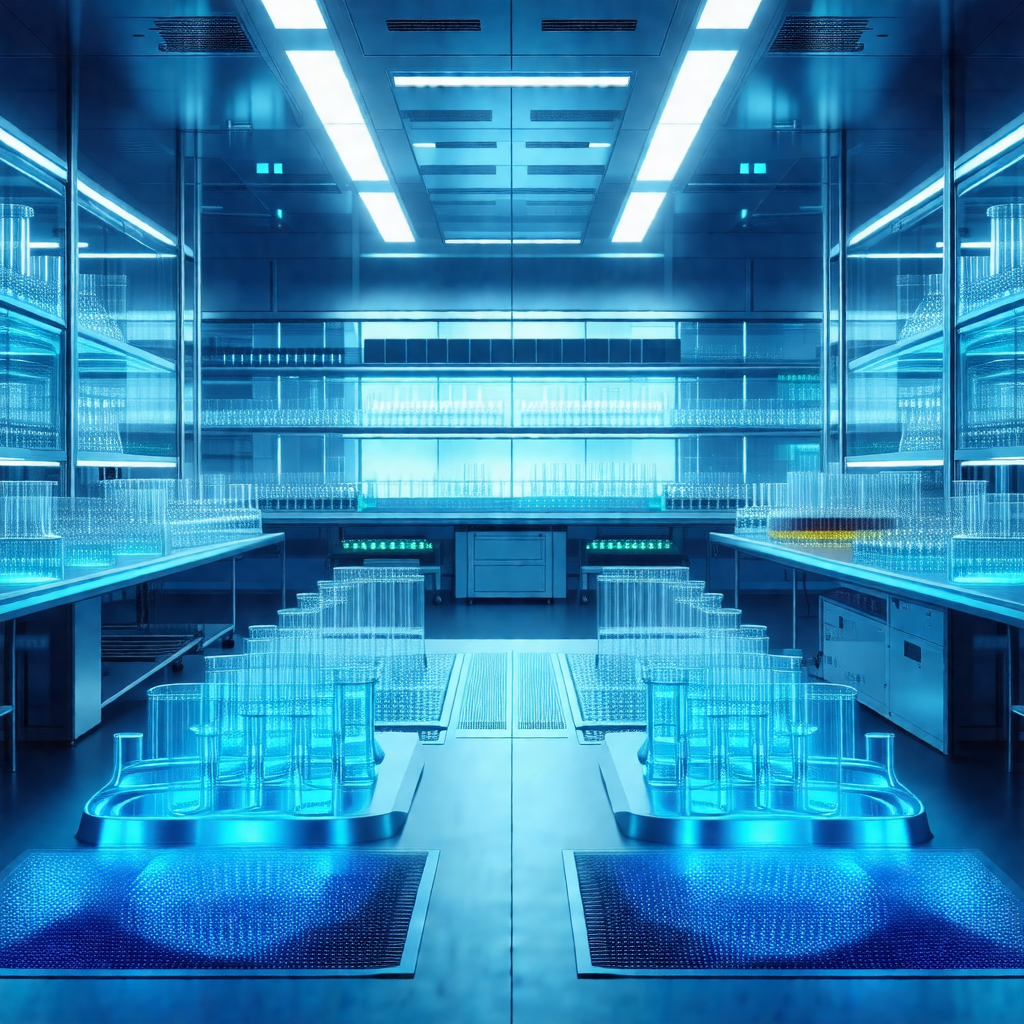 Large, well-lit laboratory filled with numerous glass bea...