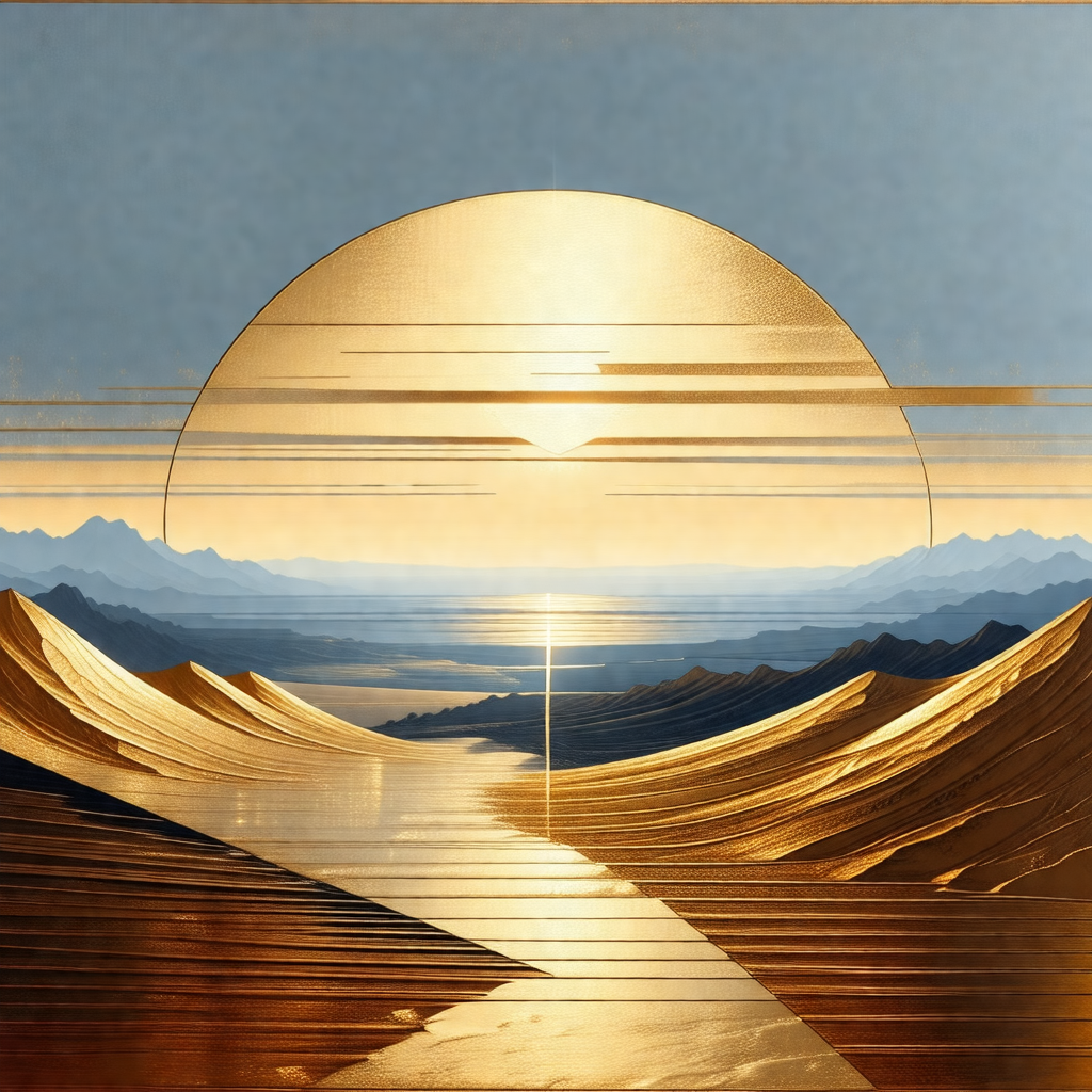 Painting of a sunset over a mountain range