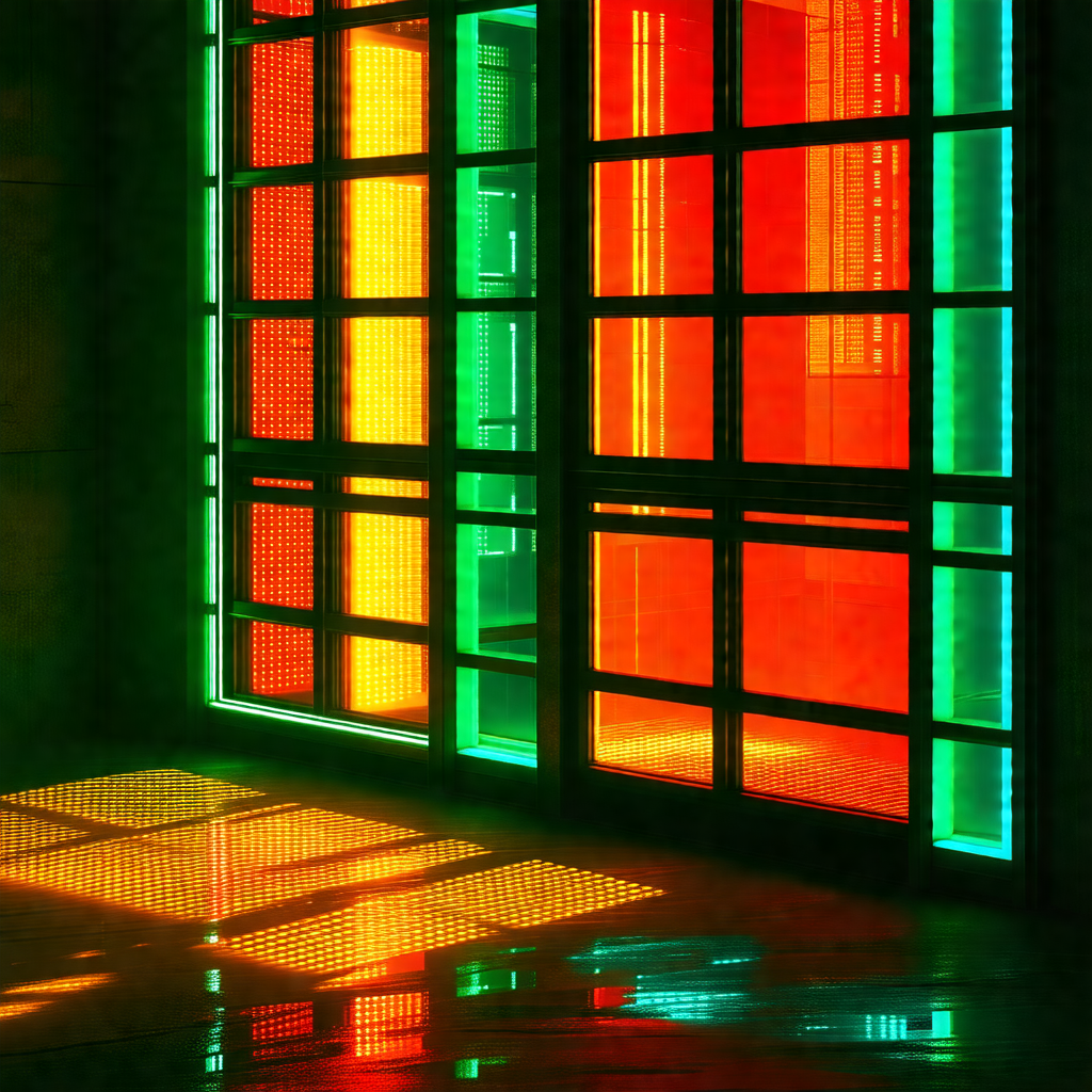 Large window with a colorful display of lights