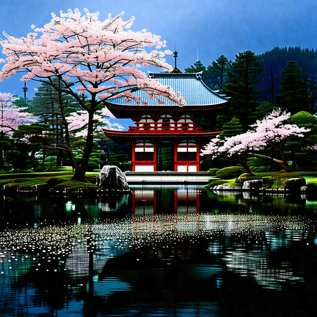Beautiful japanese garden with a large red pagoda in the ...