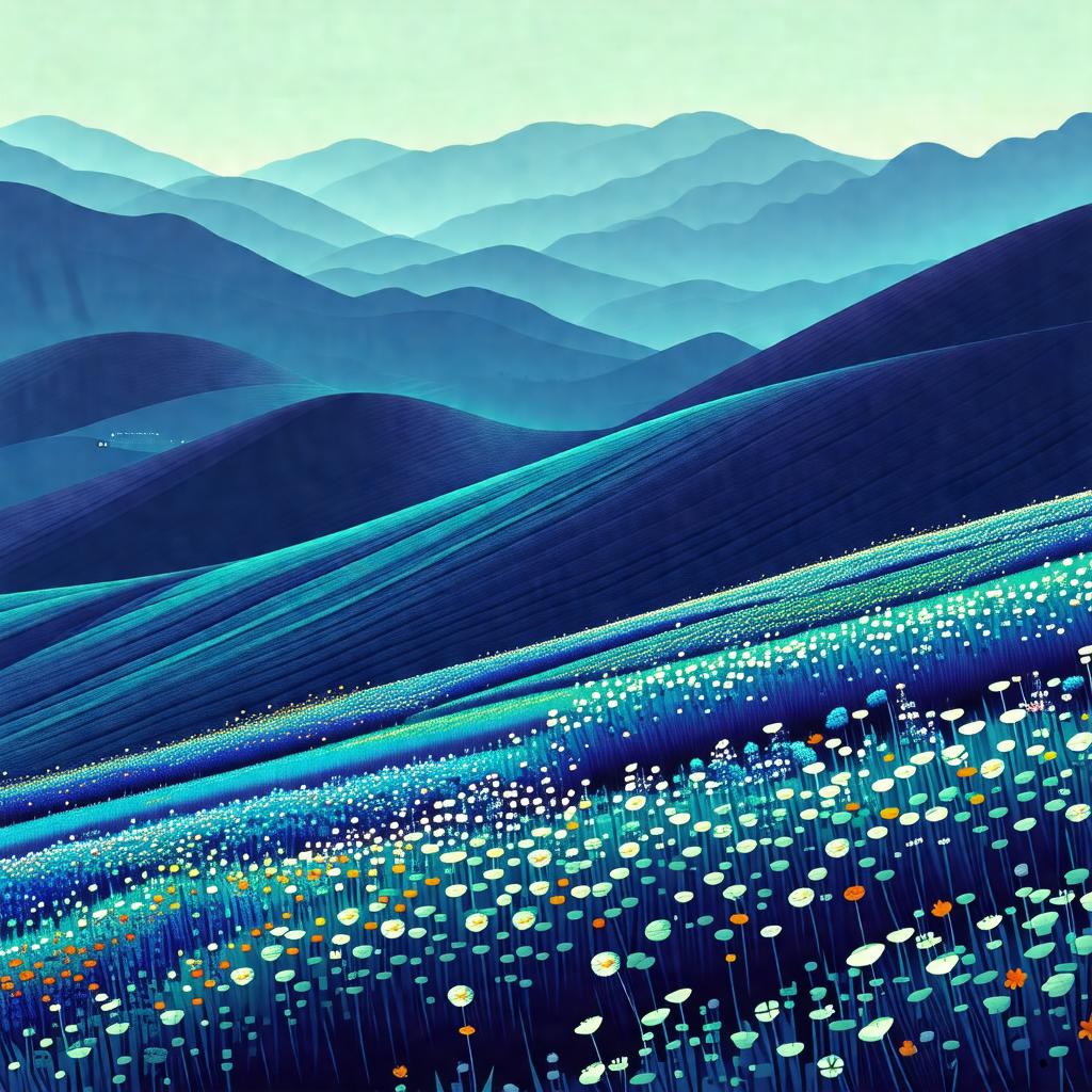 Beautiful painting of a mountainous landscape with a blue...