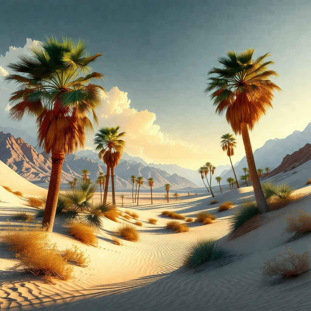 Sandy beach with a row of palm trees lining the shore
