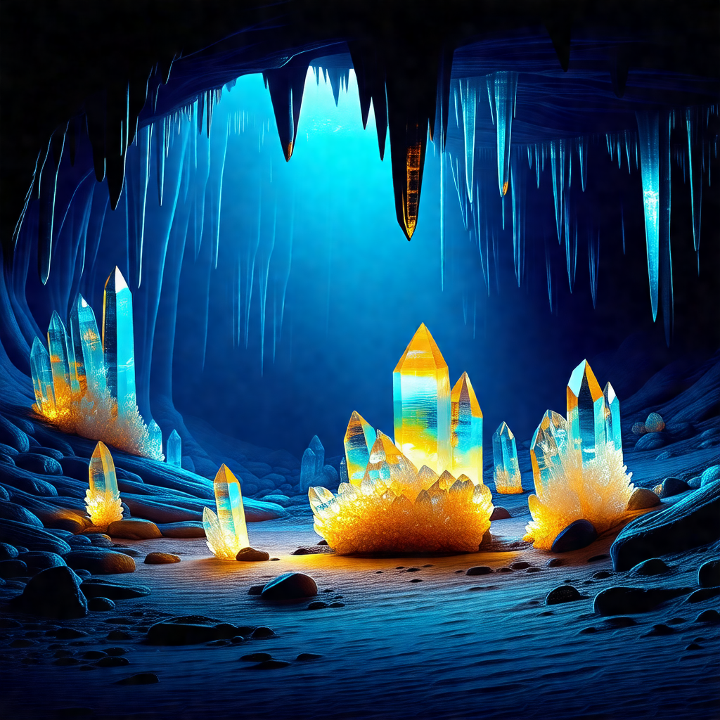 Cave with a blue light illuminating the area