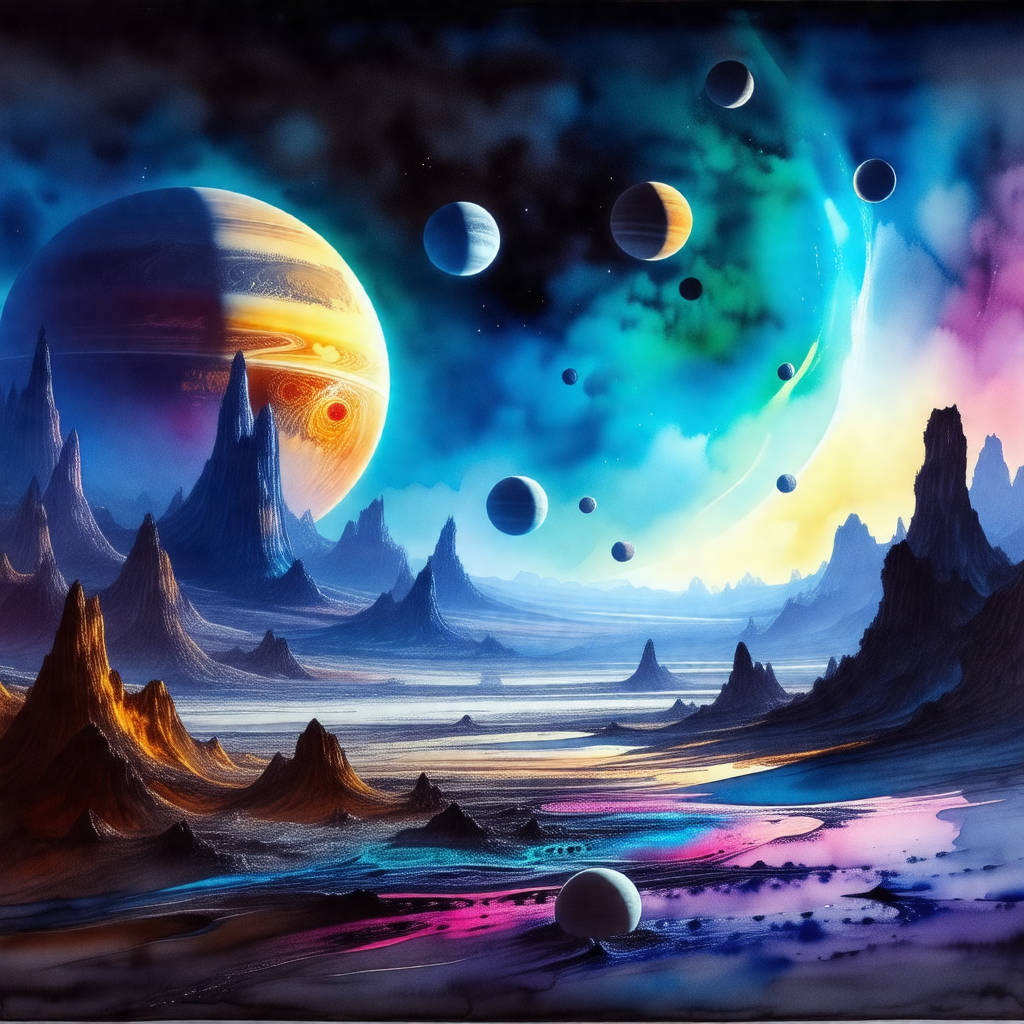 Colorful painting of a space scene featuring various cele...