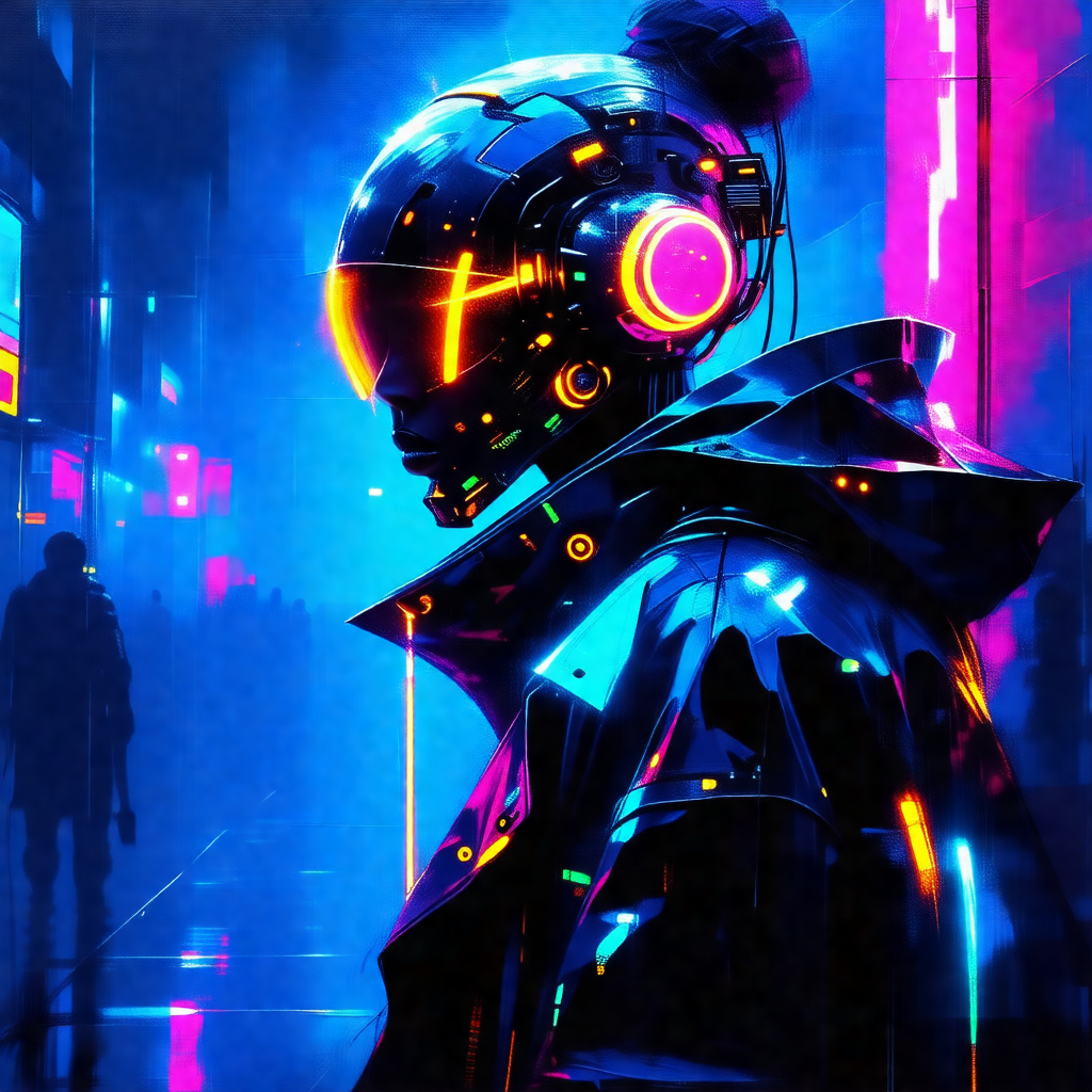 Futuristic scene with a person wearing a black jacket and...