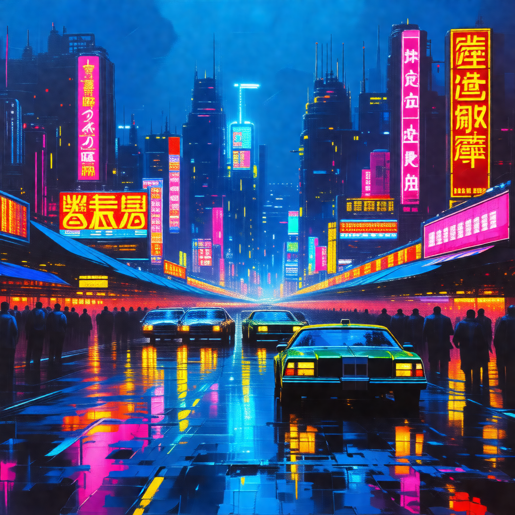 Painting of a city street at night, with a group of cars ...