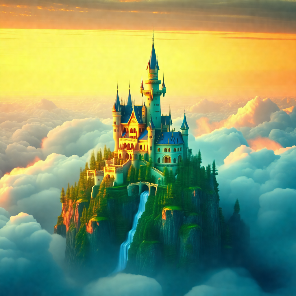Beautiful castle with a tall tower, situated on top of a ...