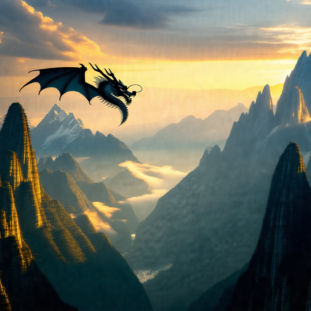 Dragon flying through the sky, with its wings spread wide