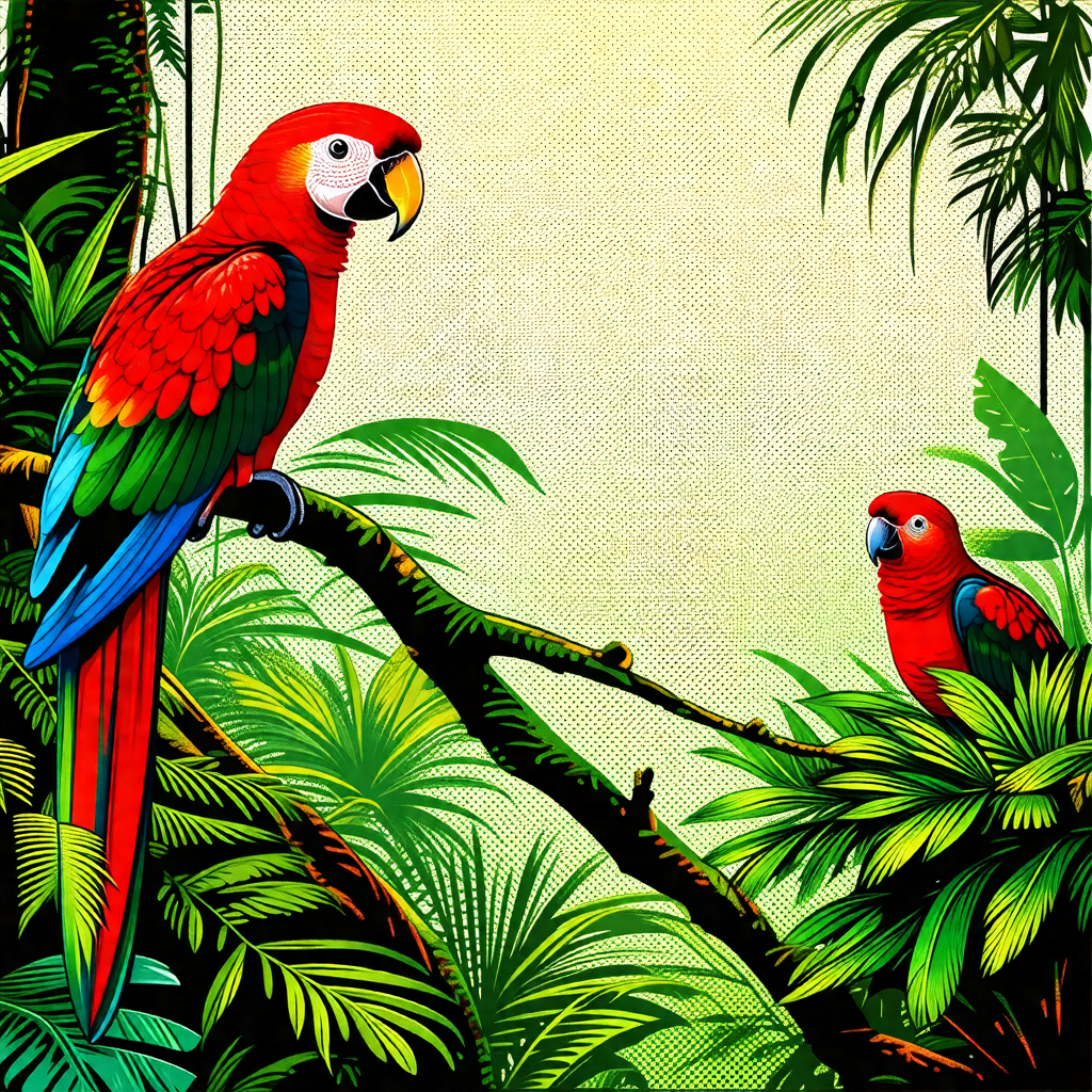 Two colorful parrots perched on tree branches in a lush g...
