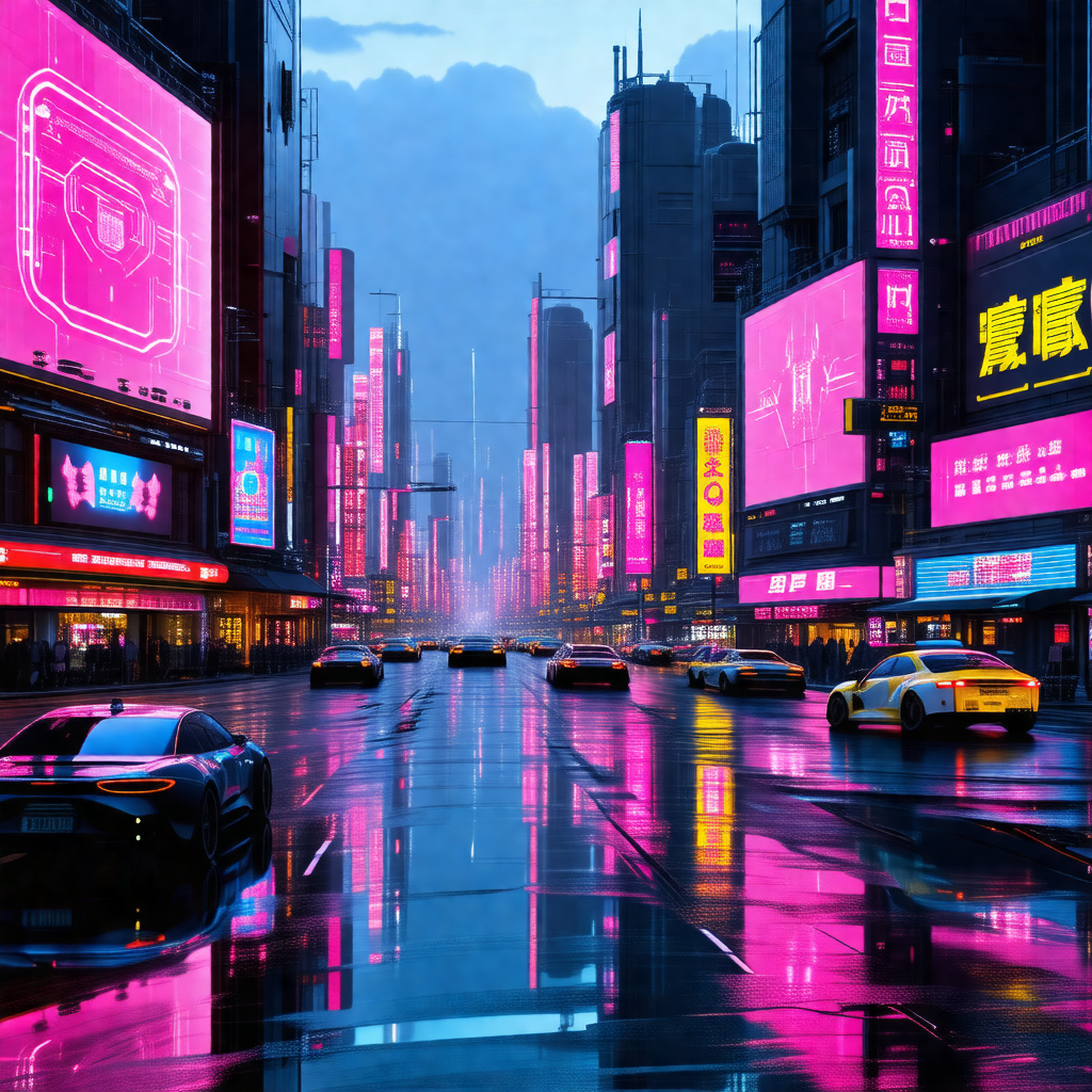 Futuristic cityscape with a pinkish hue, featuring a busy...