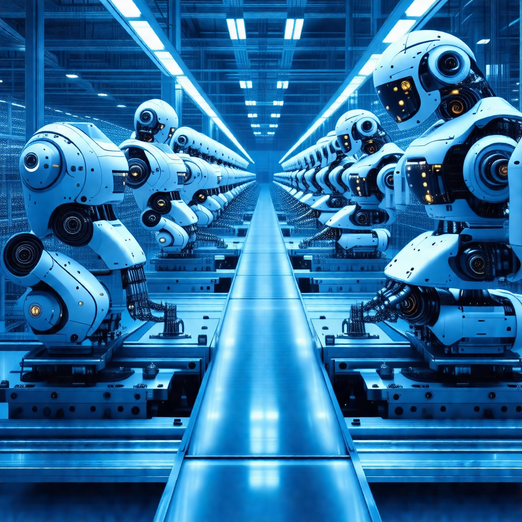 Factory setting with a long row of white robots lined up ...