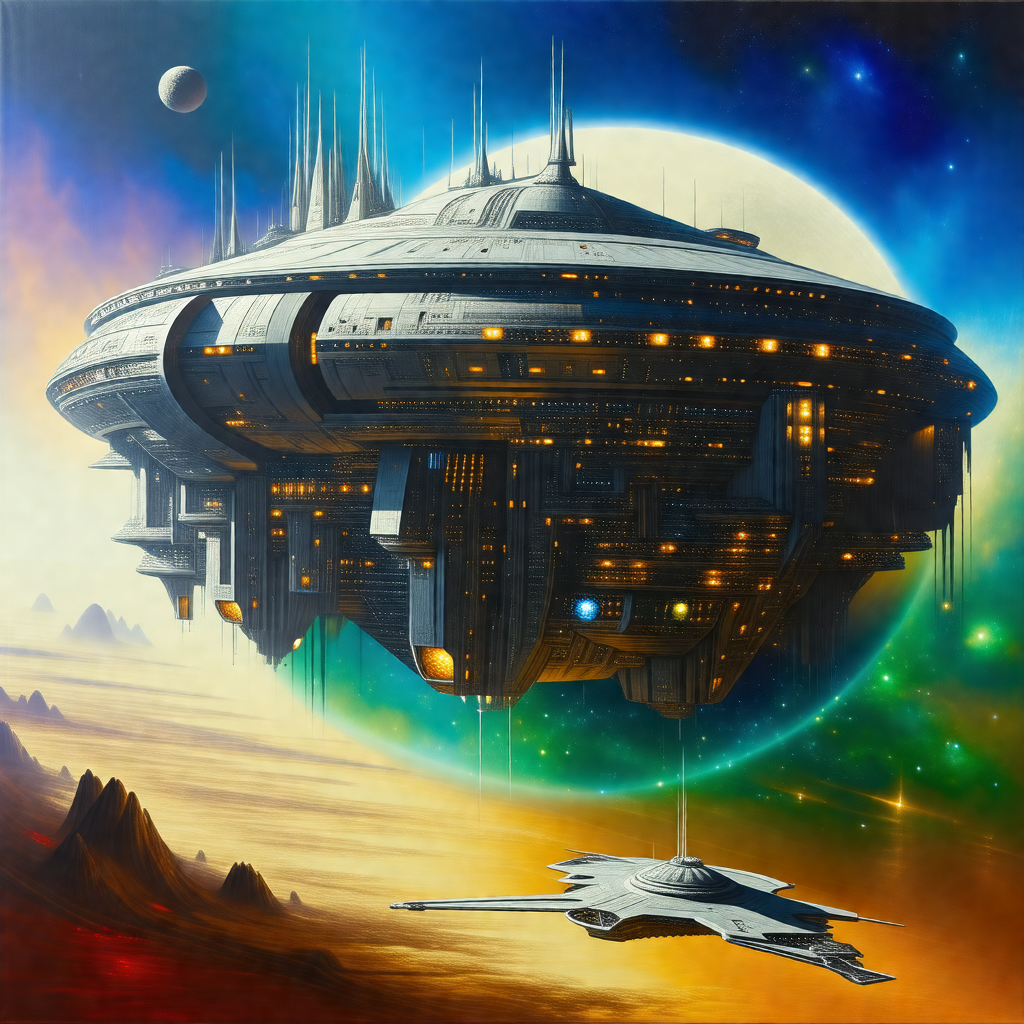 Large, futuristic spacecraft floating in the air