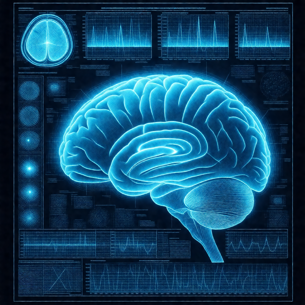 Blue and white illustration of a human brain