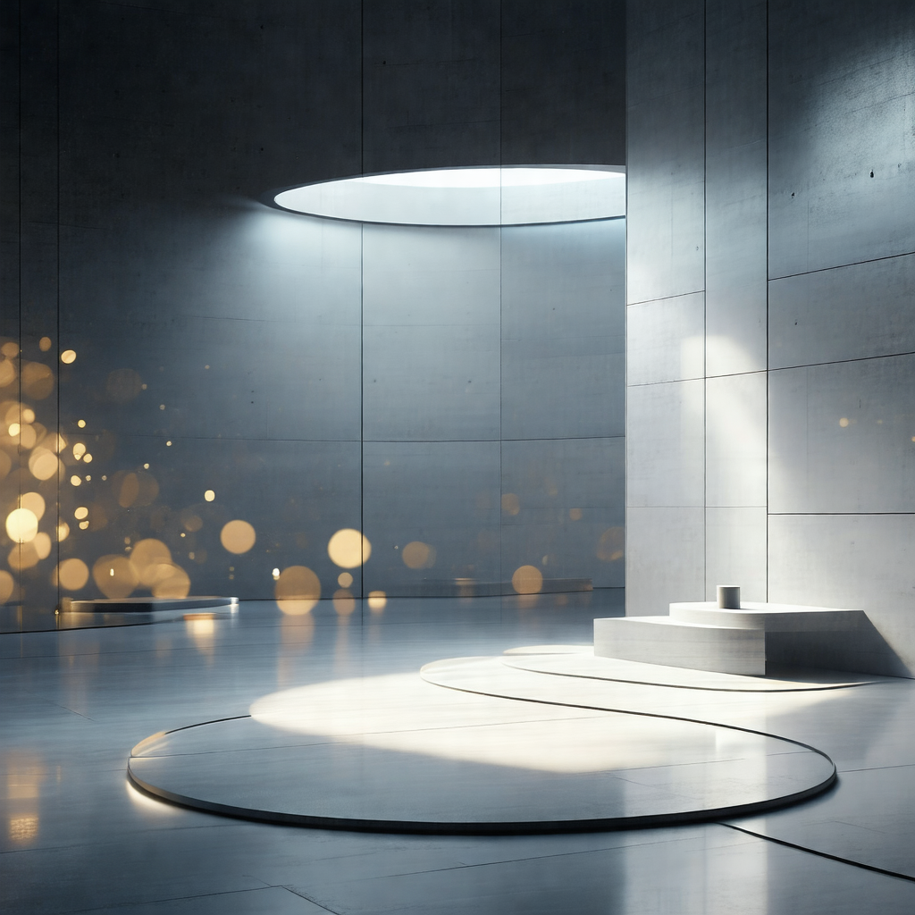 Large, empty room with a white circular structure in the ...