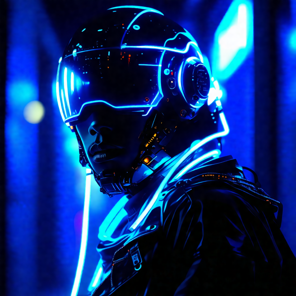 Man wearing a futuristic, glowing helmet